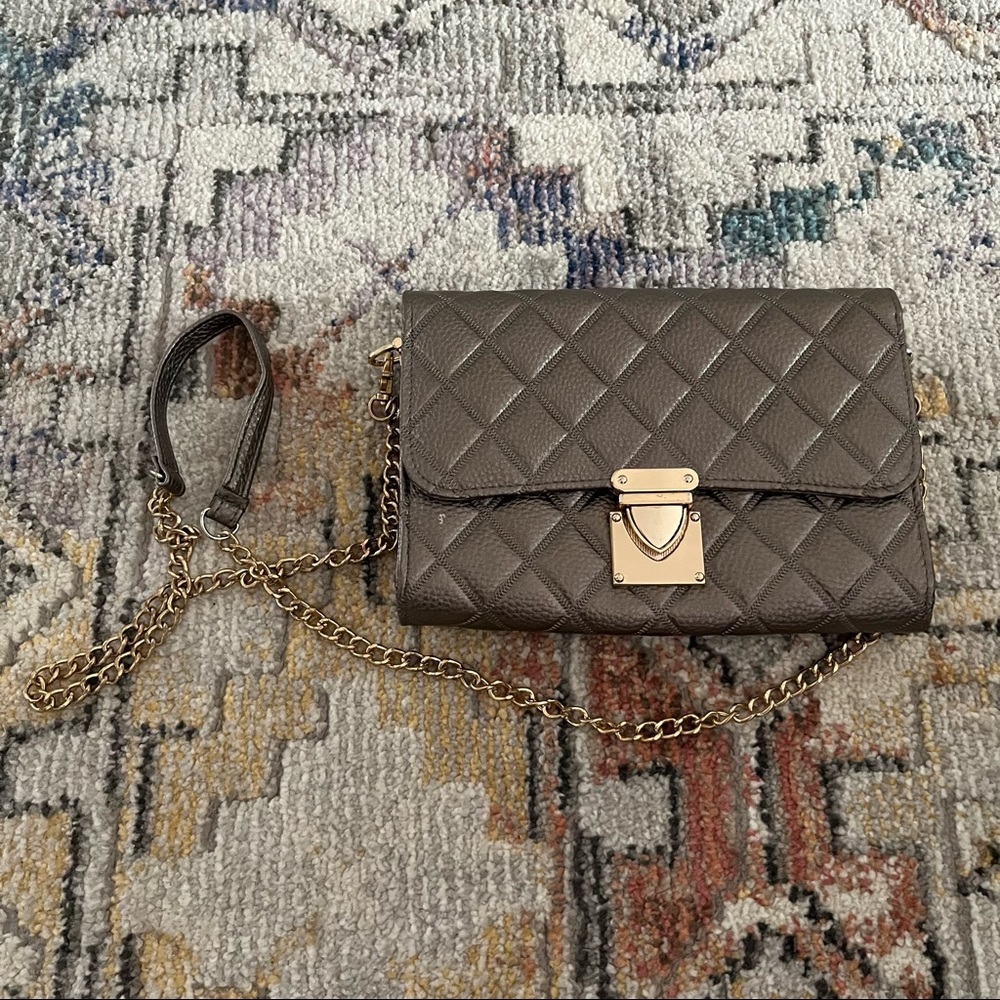 Dion Quilted Style Faux-Leather Bag in Metallic Taupe. Brass Gold Hardware.